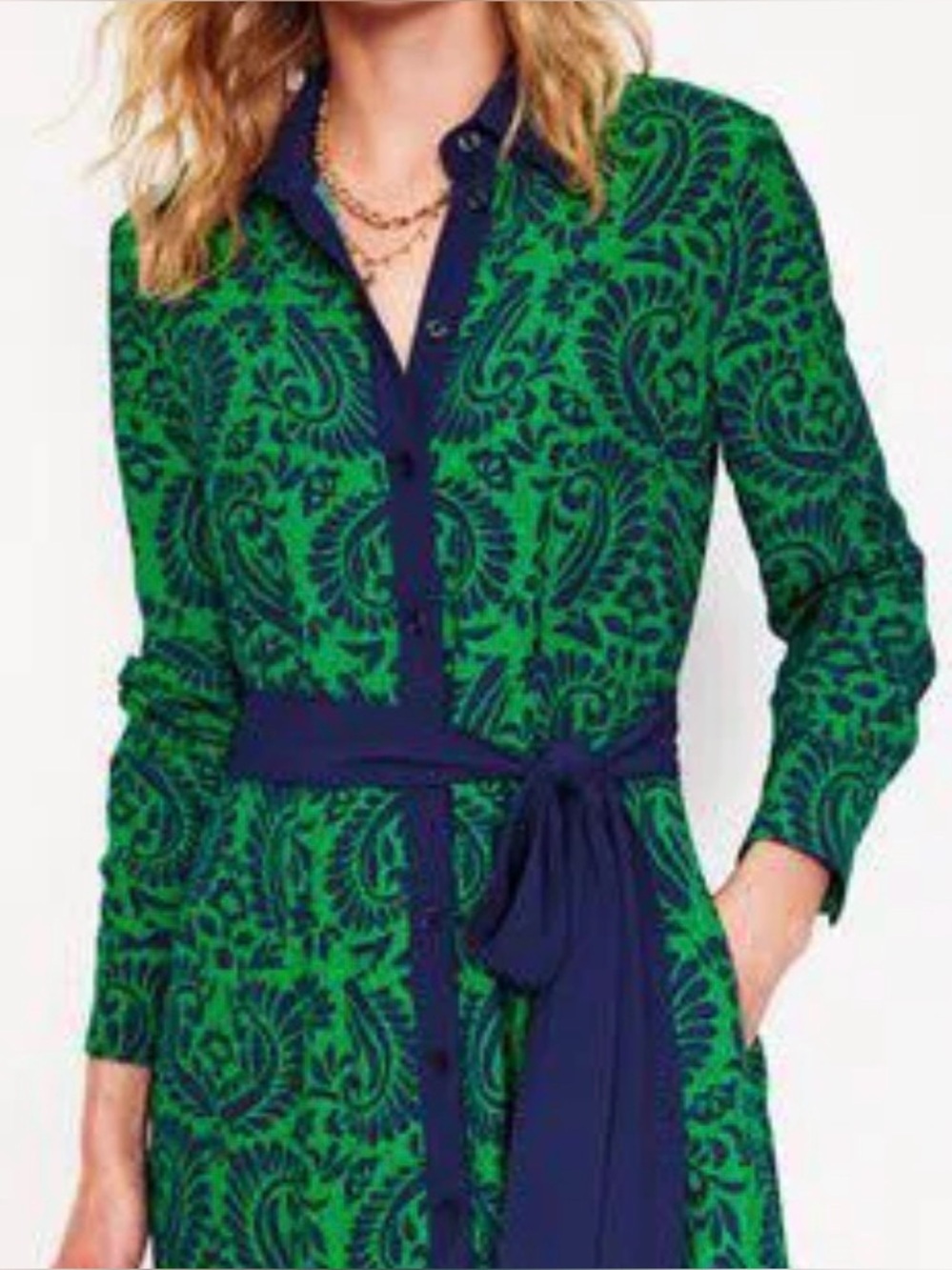 NWOT Boden Green Paisley Long Sleeve Shirt Dress with Navy Trim